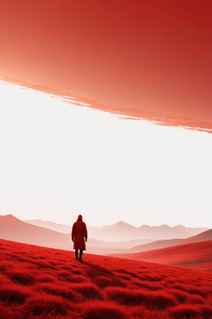 The man in red stands on the red hill and looks out into the distanceの素材