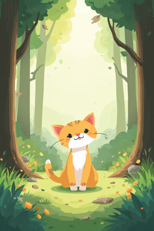 Cartoon kitten sitting still in the forestの素材