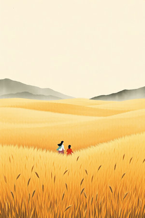 Adults and children strolling in the fieldsの素材