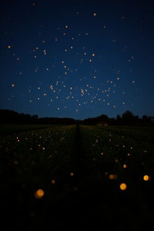 Fireflies dancing in the fields at nightの素材