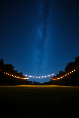 Night view of string lights under the grass starry skyの素材