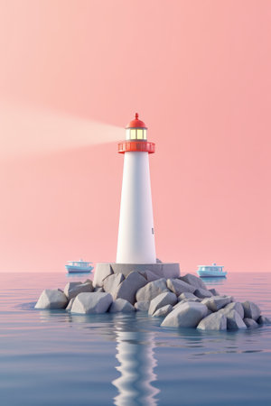Lighthouse and boat view on the seaの素材
