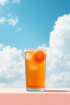 Iced orange drink under blue sky and white cloudsの素材