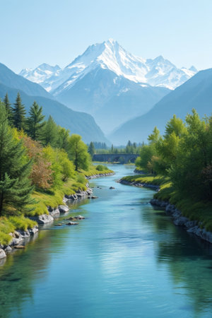 Mountain rivers and distant snow-capped mountainsの素材