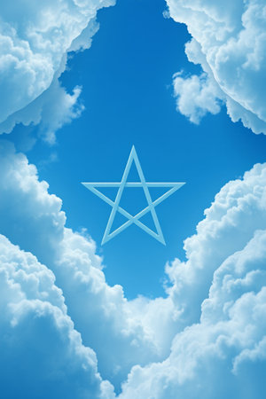 A five-pointed star pattern surrounded by white clouds in the skyの素材