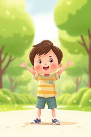 Outdoor happy little boy opens his armsの素材