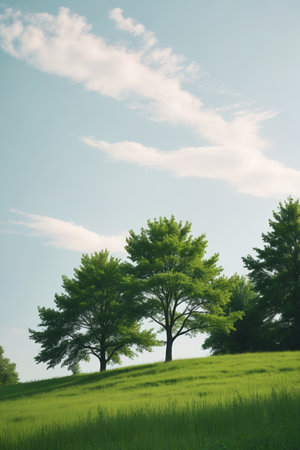 Green grass trees and blue sky and white clouds landscapeの素材