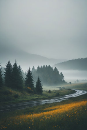 Forest in the fog and winding road landscapeの素材