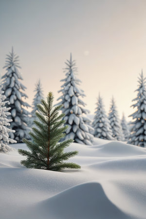 Green pine trees growing in the snowの素材
