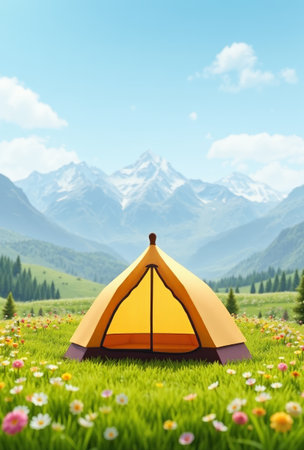 Camping tent in the mountain meadowの素材