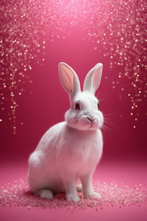 Cute white rabbit on pink backgroundの素材