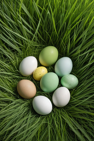 Colorful Easter eggs on the grassの素材