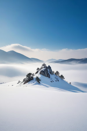 Lonely Peak Landscape in Snow Mountain and Sea of Cloudsの素材
