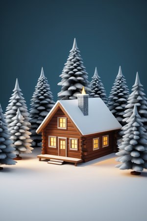 Snow cabin and pine forest landscapeの素材