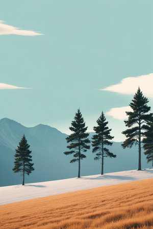 Pine trees on the snowy hillside and distant mountain sceneryの素材