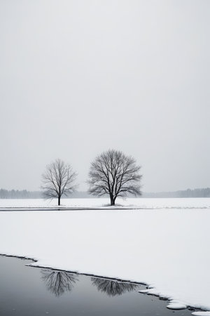 Winter snow double tree reflection landscapeの素材