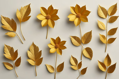 there are many golden leaves arranged on a white surfaceの素材