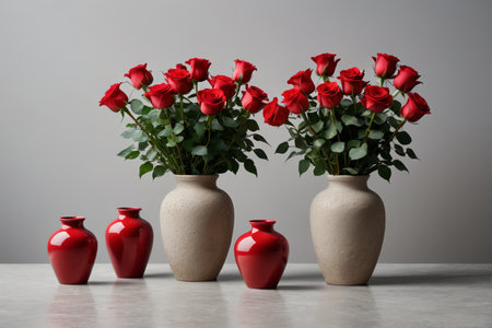 three vases with red roses in them sit on a tableの素材