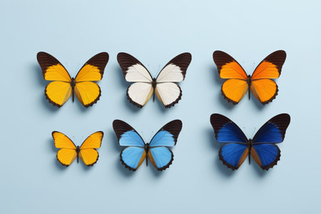 several different colored butterflies are arranged in a row on a blue surfaceの素材