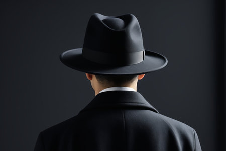 arafed man in a black suit and hat looking awayの素材
