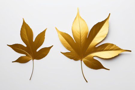 two golden leaves are shown on a white surfaceの素材
