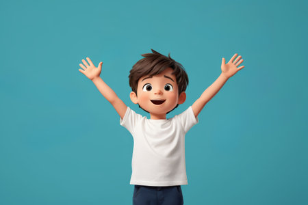 arafed boy with arms up in the air and a blue backgroundの素材