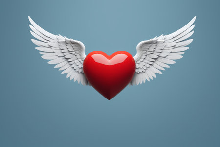 there is a red heart with white wings on a blue backgroundの素材