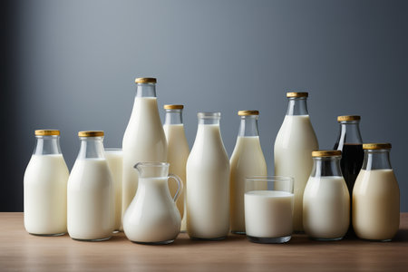 bottles of milk and a glass of milk sit on a tableの素材