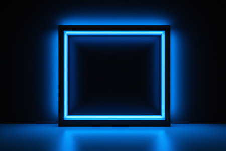 a dimly lit room with a blue light in the middleの素材