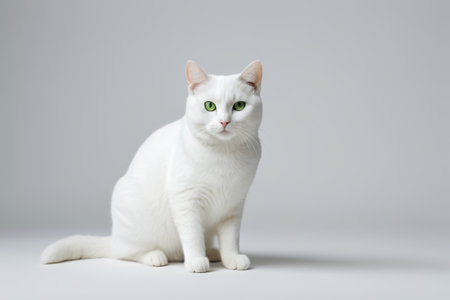 there is a white cat with green eyes sitting on a white surfaceの素材