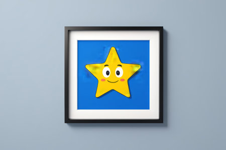 framed picture of a yellow star with a smiling face on a blue backgroundの素材