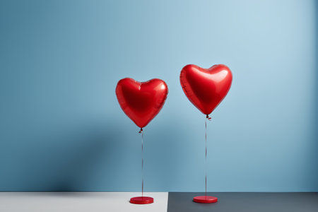 there are two red heart shaped balloons on a standの素材