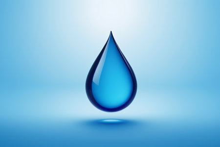 a blue water drop on a blue background with a light shiningの素材