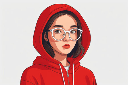 there is a woman wearing glasses and a red hoodieの素材