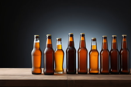 bottles of beer lined up on a wooden table against a black backgroundの素材
