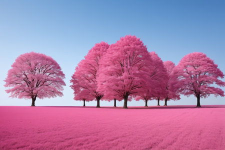 several pink trees in a field with a blue sky in the backgroundの素材