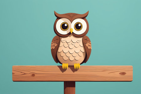 there is a cartoon owl sitting on a wooden signの素材
