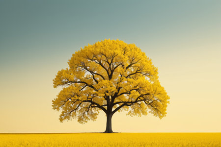 yellow tree in a field of yellow flowers with a blue skyの素材
