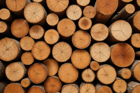 a close up of a pile of wood with a lot of cut logsの素材
