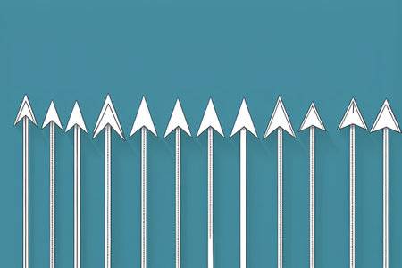 arrows pointing in different directions in a row on a blue backgroundの素材