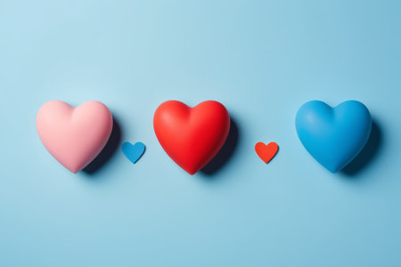 three hearts are arranged in a row on a blue backgroundの素材