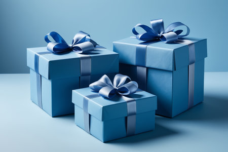 three blue gift boxes with blue bows and a blue backgroundの素材