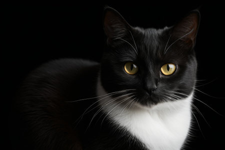 there is a black and white cat with yellow eyes sitting downの素材
