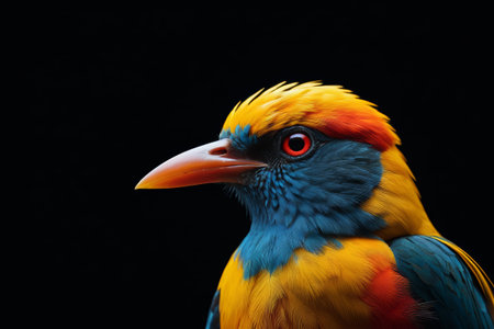brightly colored bird with orange beak and blue eyes on black backgroundの素材