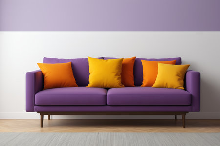purple and orange couch with pillows against a white wallの素材