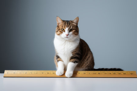 there is a cat sitting on a table with a rulerの素材