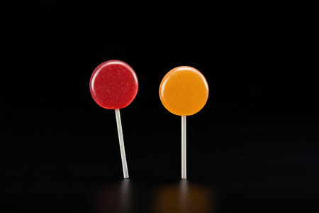 two lollipops are sitting on a black surface with a black backgroundの素材
