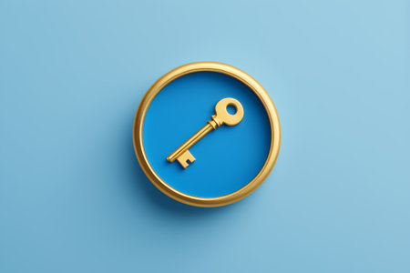 a close up of a golden key on a blue backgroundの素材