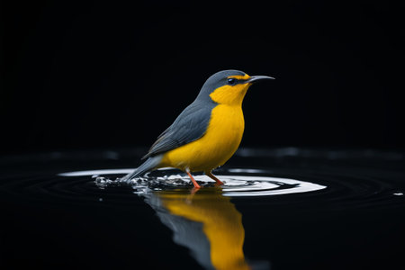 yellow and gray bird standing on water with reflection in dark roomの素材