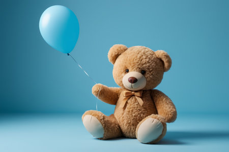 there is a teddy bear holding a blue balloon on a blue backgroundの素材